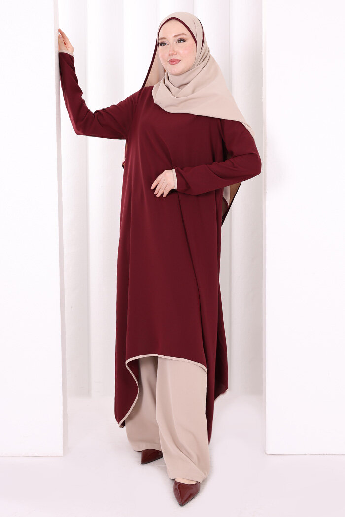 Tunik Şal ve Pantolon Üçlü Takım 8030 Bordo - 4
