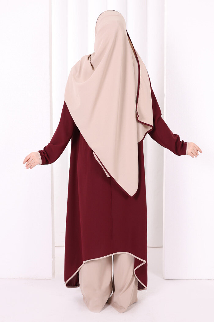 Tunik Şal ve Pantolon Üçlü Takım 8030 Bordo - 5