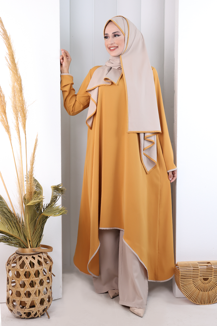 Tunik Şal ve Pantolon Üçlü Takım 8030 Hardal - 1