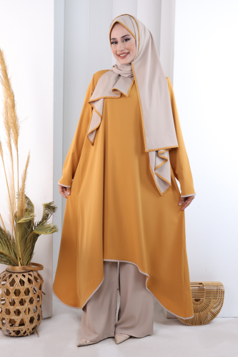 Tunik Şal ve Pantolon Üçlü Takım 8030 Hardal - 2