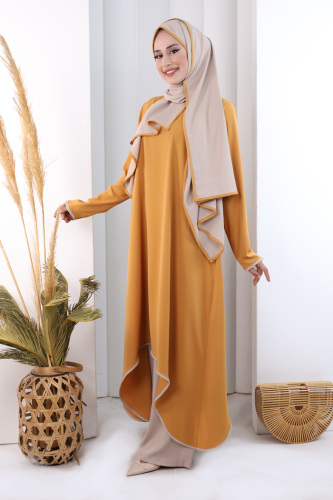 Tunik Şal ve Pantolon Üçlü Takım 8030 Hardal - 3