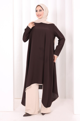 Tunik Şal ve Pantolon Üçlü Takım 8030 Kahverengi