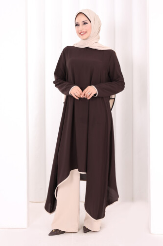 Tunik Şal ve Pantolon Üçlü Takım 8030 Kahverengi - 2