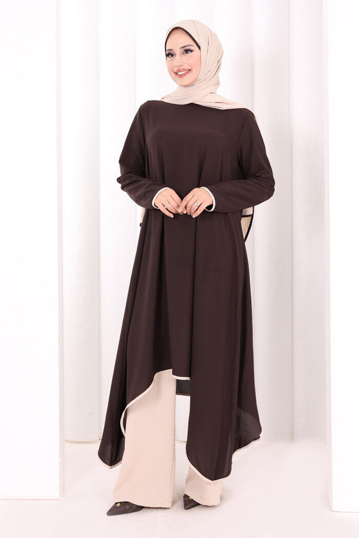Tunik Şal ve Pantolon Üçlü Takım 8030 Kahverengi - 2