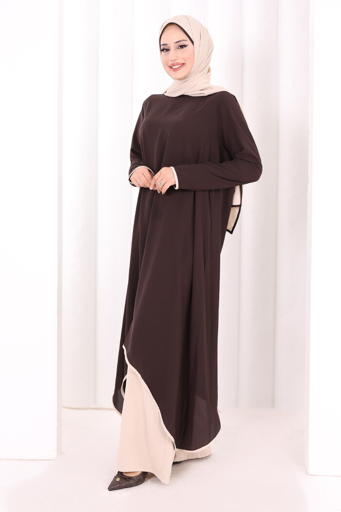 Tunik Şal ve Pantolon Üçlü Takım 8030 Kahverengi - 3