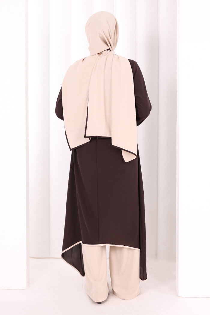 Tunik Şal ve Pantolon Üçlü Takım 8030 Kahverengi - 4