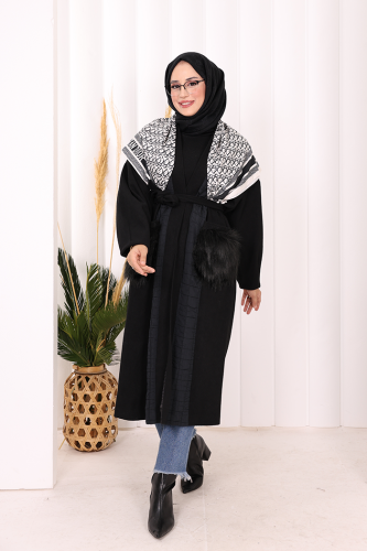 Tüylü Cep Detaylı Bel Kuşaklı Kaban 7865 Siyah - Bym Fashion