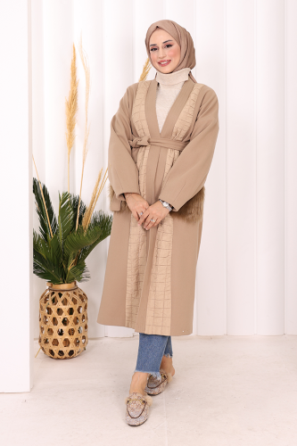 Tüylü Cep Detaylı Bel Kuşaklı Kaban 7865 Vizon - Bym Fashion