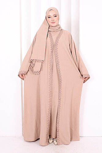 Üçlü Dantelli Abayalı Takım 6089 Bal - 2