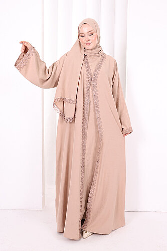 Üçlü Dantelli Abayalı Takım 6089 Bal - 3