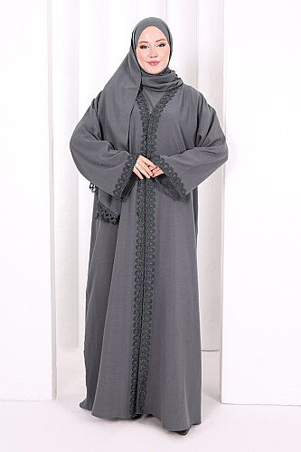 Üçlü Dantelli Abayalı Takım 6089 Füme