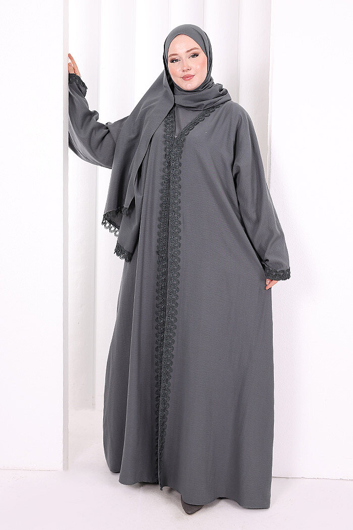 Üçlü Dantelli Abayalı Takım 6089 Füme - 2