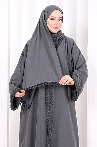 Üçlü Dantelli Abayalı Takım 6089 Füme - 5