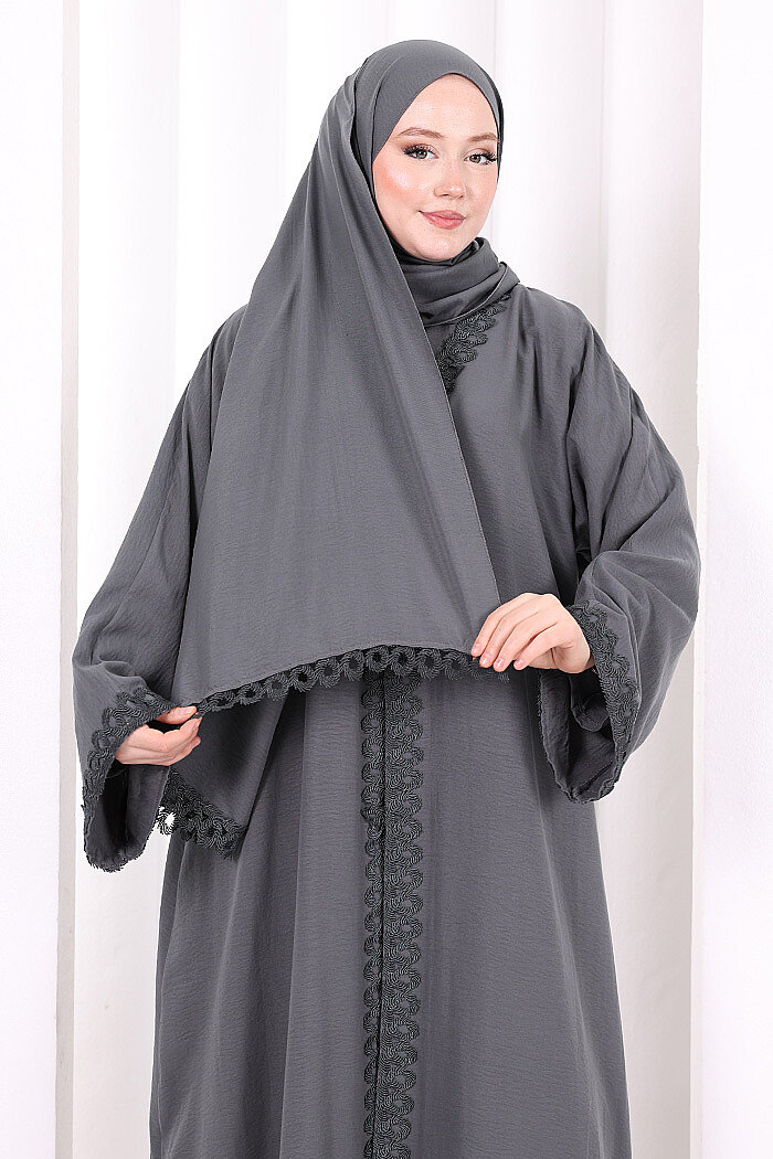 Üçlü Dantelli Abayalı Takım 6089 Füme - 5