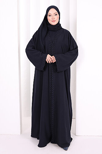 Üçlü Dantelli Abayalı Takım 6089 Lacivert