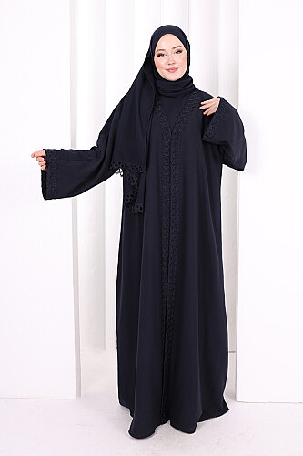 Üçlü Dantelli Abayalı Takım 6089 Lacivert - 2