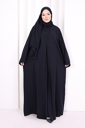 Üçlü Dantelli Abayalı Takım 6089 Lacivert - 3