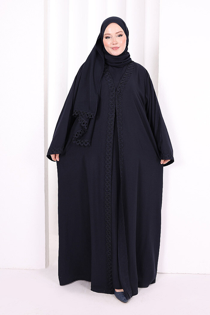 Üçlü Dantelli Abayalı Takım 6089 Lacivert - 3