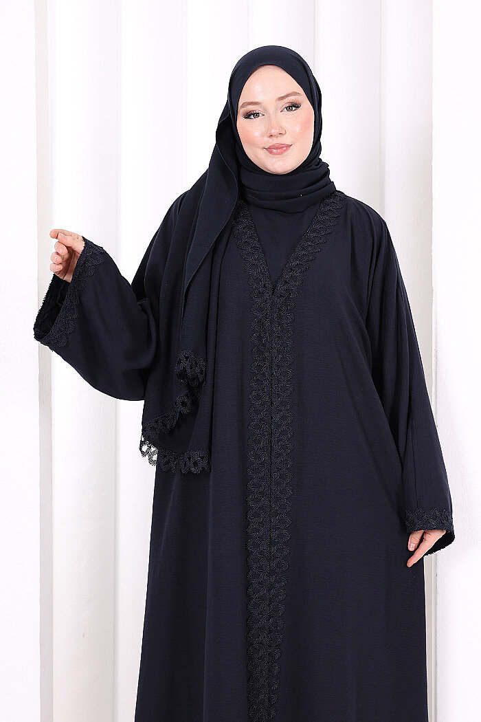 Üçlü Dantelli Abayalı Takım 6089 Lacivert - 5