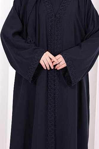 Üçlü Dantelli Abayalı Takım 6089 Lacivert - 6