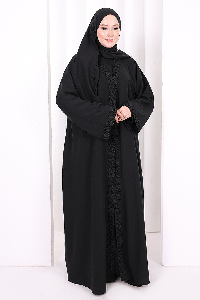 Üçlü Dantelli Abayalı Takım 6089 Siyah - 3