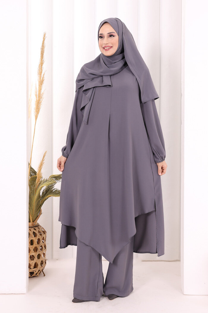Umre Dubai Tunik Pantolon Takım ŞAL HEDİYE  8003 Gri - 1