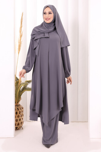 Umre Dubai Tunik Pantolon Takım ŞAL HEDİYE  8003 Gri - 2
