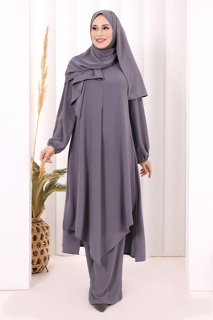 Umre Dubai Tunik Pantolon Takım ŞAL HEDİYE  8003 Gri - 2
