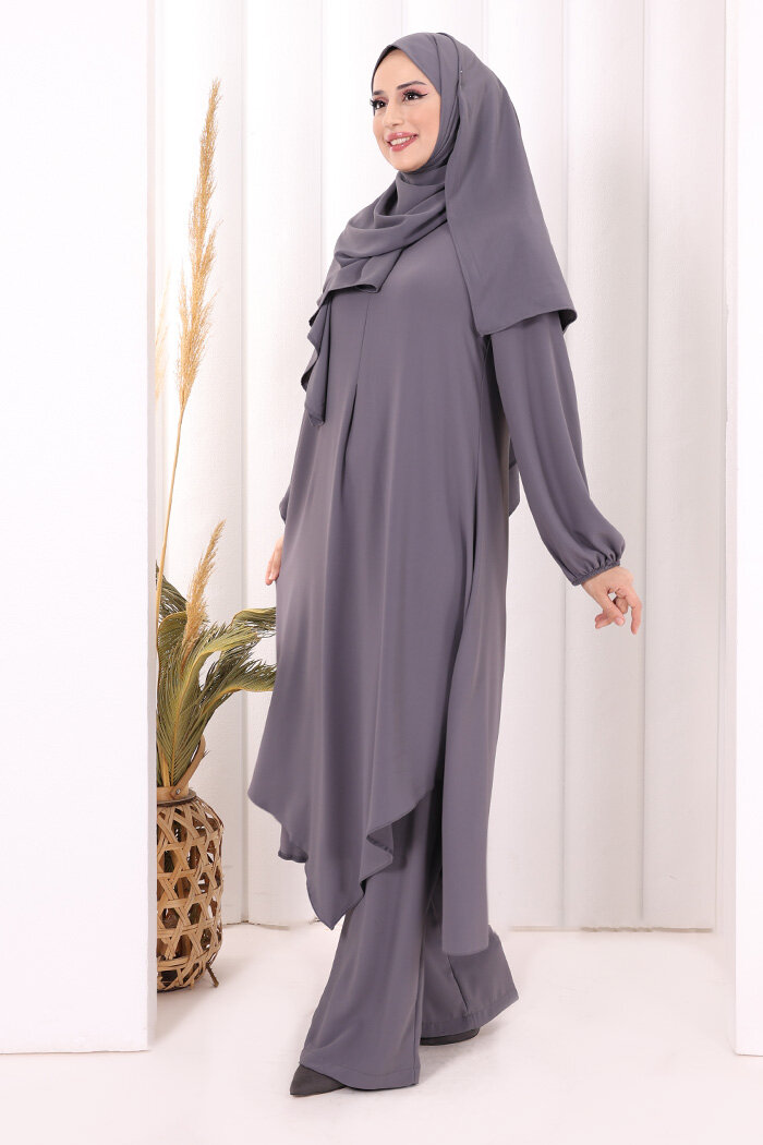 Umre Dubai Tunik Pantolon Takım ŞAL HEDİYE  8003 Gri - 3