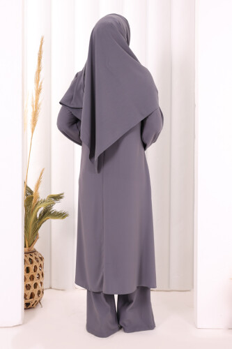 Umre Dubai Tunik Pantolon Takım ŞAL HEDİYE  8003 Gri - 4