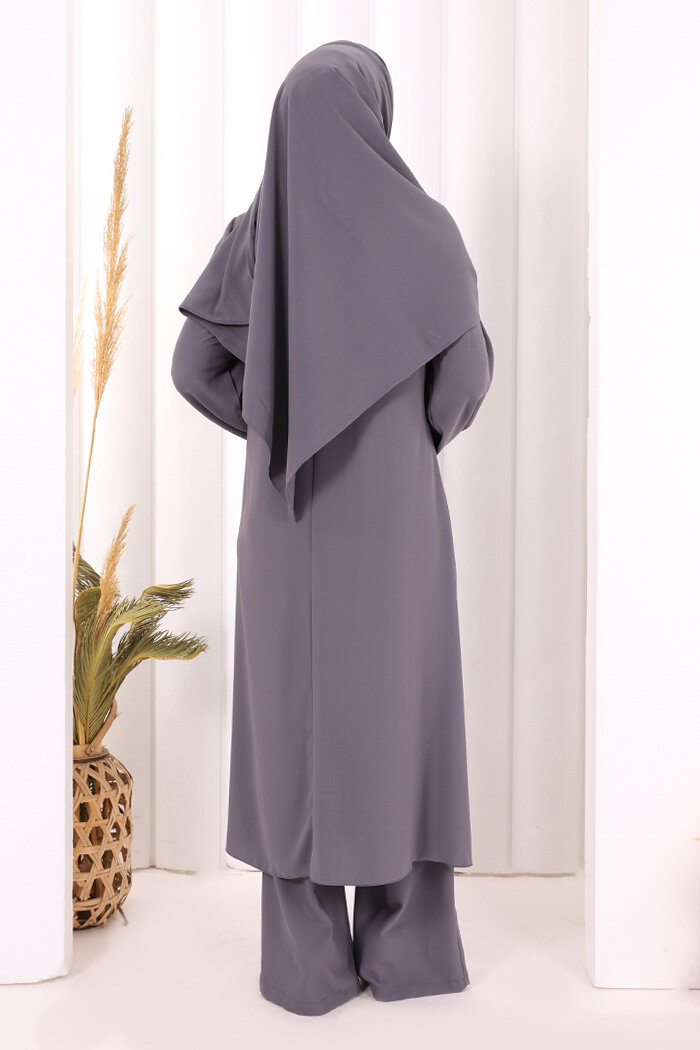 Umre Dubai Tunik Pantolon Takım ŞAL HEDİYE  8003 Gri - 4
