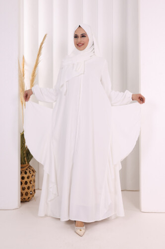 Umre Yan Fırfır Detaylı Ferace ŞAL HEDİYE 7057 Ekru