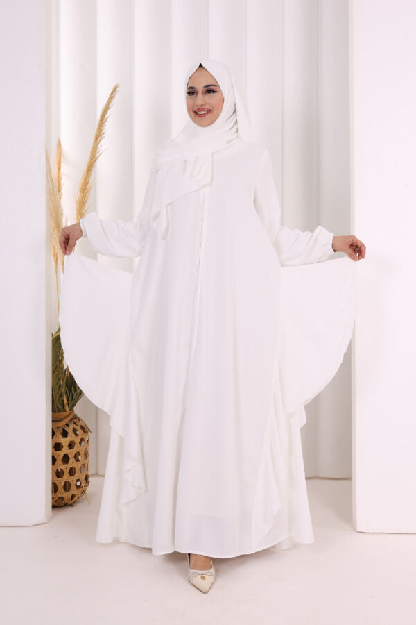 Umre Yan Fırfır Detaylı Ferace ŞAL HEDİYE 7057 Ekru - 1