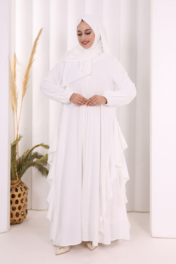Umre Yan Fırfır Detaylı Ferace ŞAL HEDİYE 7057 Ekru - 2