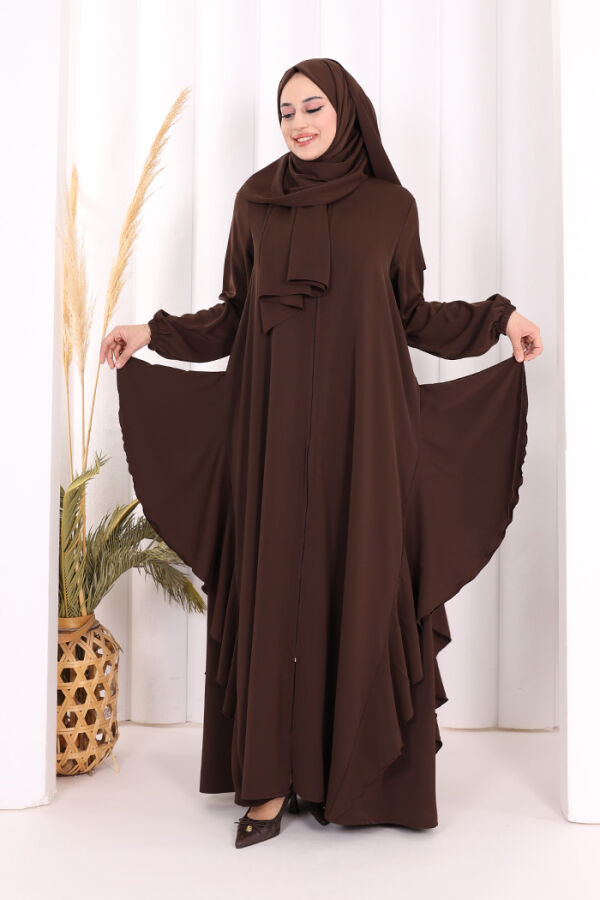 Umre Yan Fırfır Detaylı Ferace ŞAL HEDİYE 7057 Kahverengi - 1