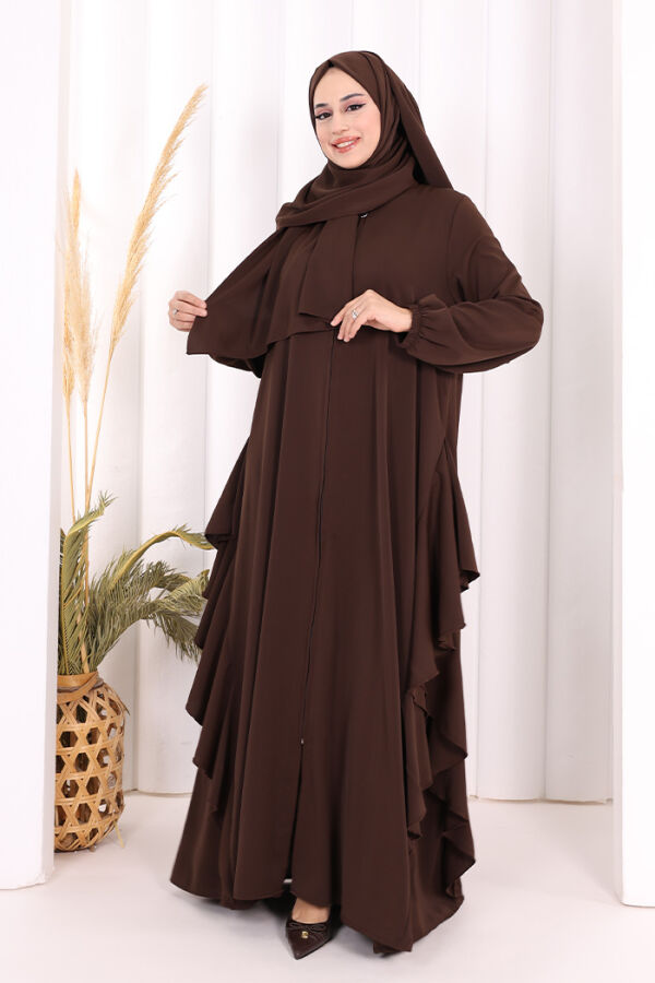 Umre Yan Fırfır Detaylı Ferace ŞAL HEDİYE 7057 Kahverengi - 2
