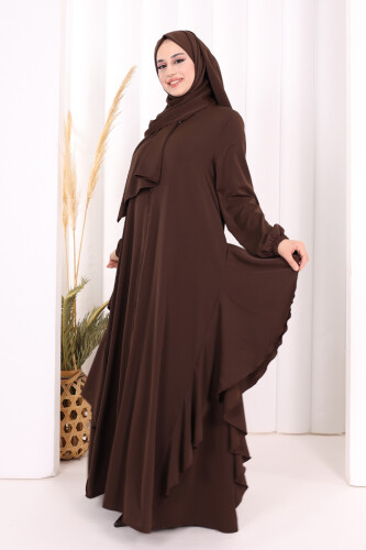 Umre Yan Fırfır Detaylı Ferace ŞAL HEDİYE 7057 Kahverengi - 3