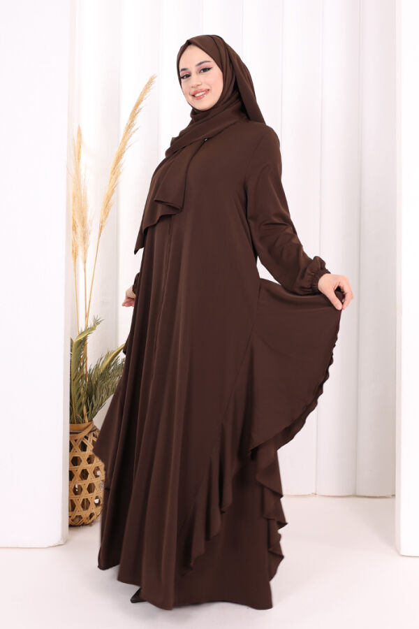 Umre Yan Fırfır Detaylı Ferace ŞAL HEDİYE 7057 Kahverengi - 3