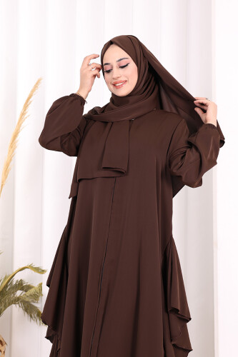 Umre Yan Fırfır Detaylı Ferace ŞAL HEDİYE 7057 Kahverengi - 5