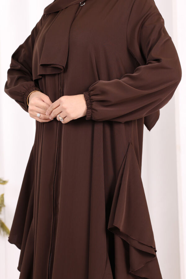 Umre Yan Fırfır Detaylı Ferace ŞAL HEDİYE 7057 Kahverengi - 6
