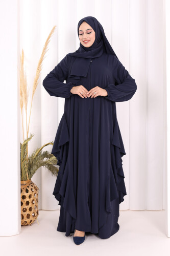 Umre Yan Fırfır Detaylı Ferace ŞAL HEDİYE 7057 Lacivert