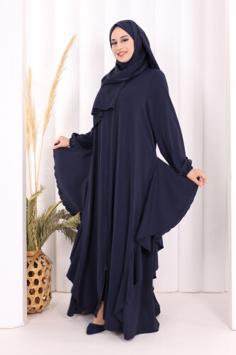 Umre Yan Fırfır Detaylı Ferace ŞAL HEDİYE 7057 Lacivert - 2