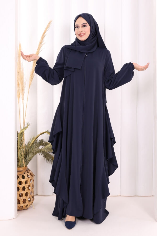Umre Yan Fırfır Detaylı Ferace ŞAL HEDİYE 7057 Lacivert - 3
