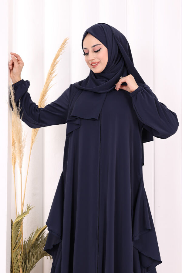 Umre Yan Fırfır Detaylı Ferace ŞAL HEDİYE 7057 Lacivert - 5