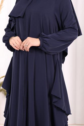 Umre Yan Fırfır Detaylı Ferace ŞAL HEDİYE 7057 Lacivert - 6