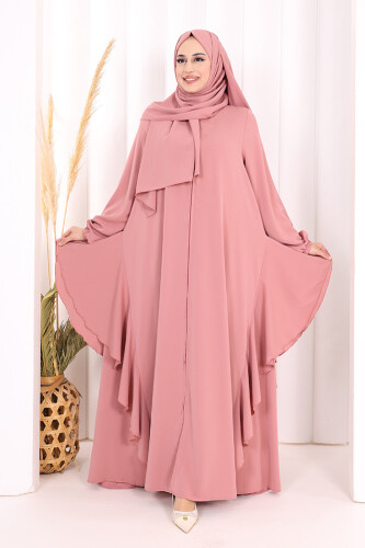 Umre Yan Fırfır Detaylı Ferace ŞAL HEDİYE 7057 Pudra 