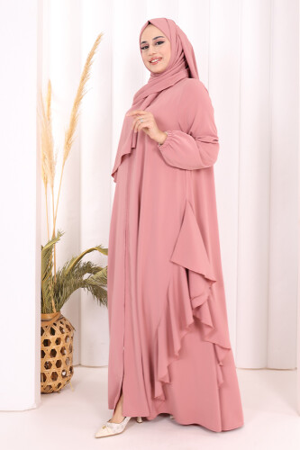 Umre Yan Fırfır Detaylı Ferace ŞAL HEDİYE 7057 Pudra - 2