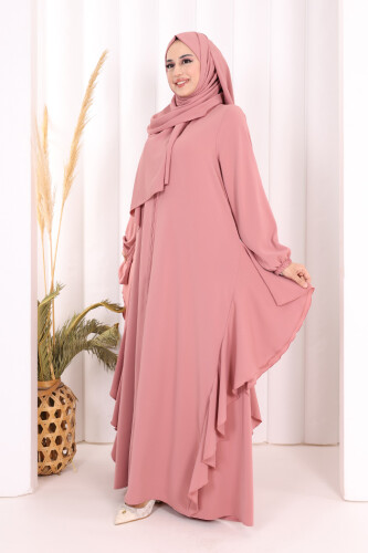 Umre Yan Fırfır Detaylı Ferace ŞAL HEDİYE 7057 Pudra - 3