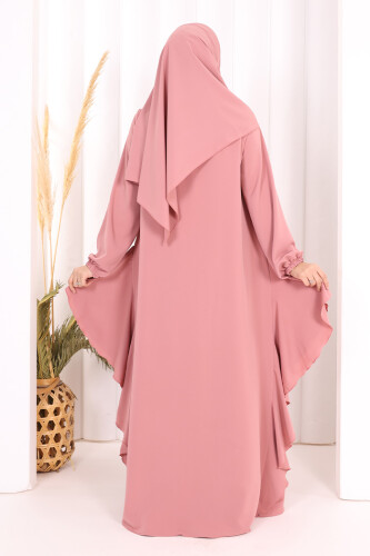 Umre Yan Fırfır Detaylı Ferace ŞAL HEDİYE 7057 Pudra - 4