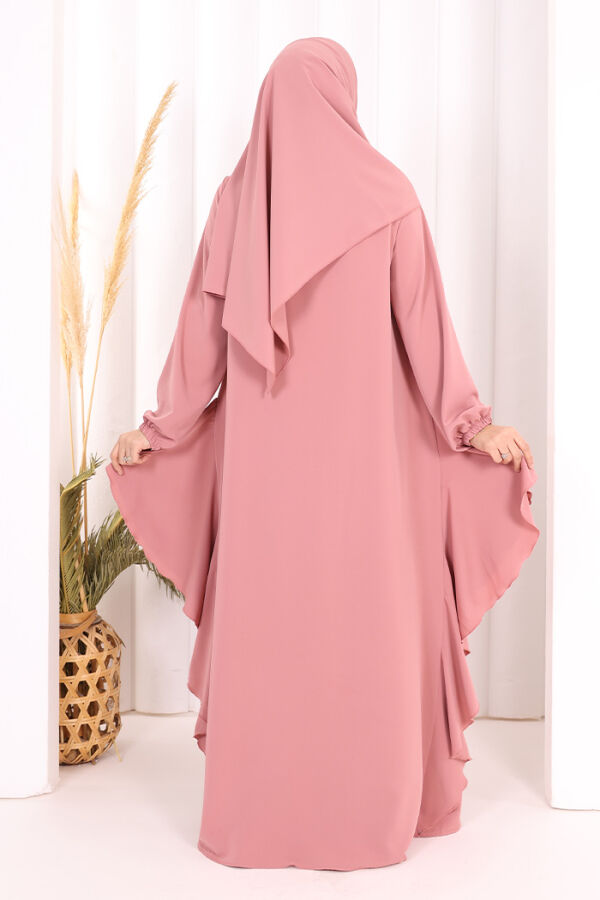 Umre Yan Fırfır Detaylı Ferace ŞAL HEDİYE 7057 Pudra - 4